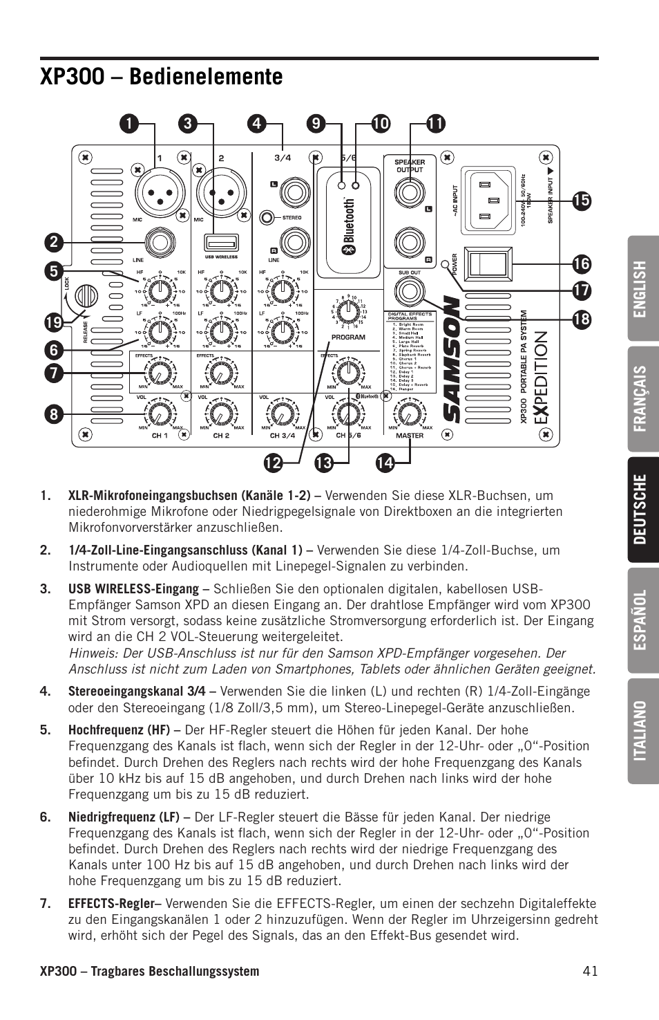 Xp300 – bedienelemente | Samson Expedition XP300 6" 2-Way 300W All-in-One Portable Bluetooth-Enabled Stereo PA System User Manual | Page 41 / 72