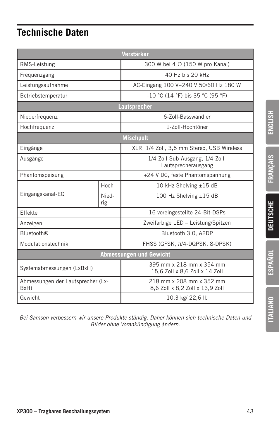 Technische daten | Samson Expedition XP300 6" 2-Way 300W All-in-One Portable Bluetooth-Enabled Stereo PA System User Manual | Page 43 / 72