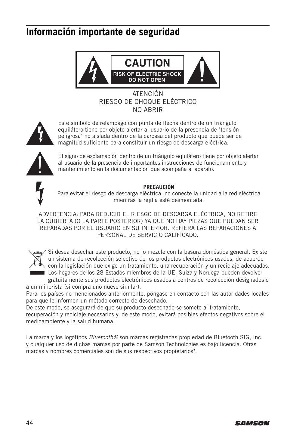 Información importante de seguridad | Samson Expedition XP300 6" 2-Way 300W All-in-One Portable Bluetooth-Enabled Stereo PA System User Manual | Page 44 / 72