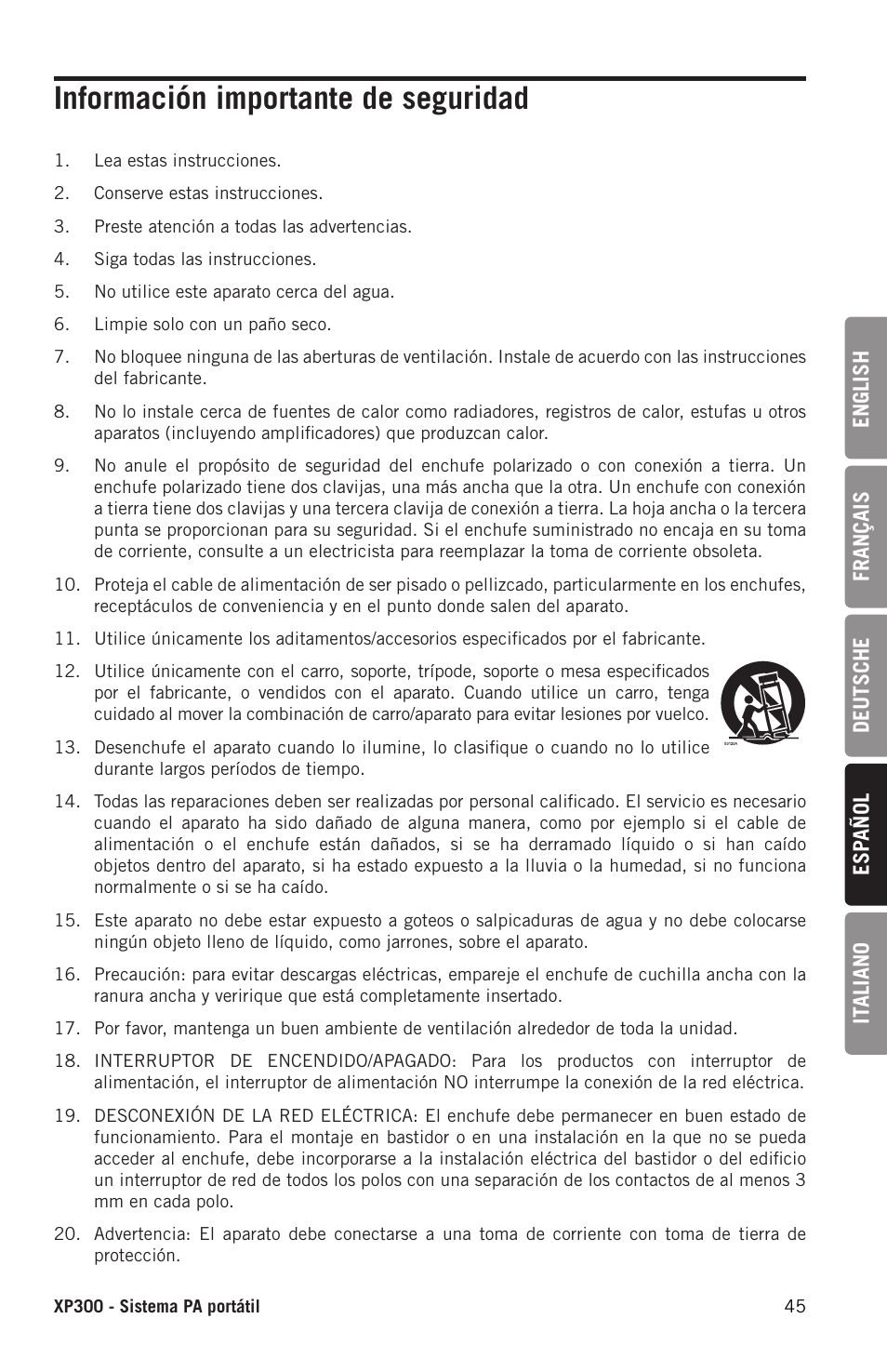 Información importante de seguridad | Samson Expedition XP300 6" 2-Way 300W All-in-One Portable Bluetooth-Enabled Stereo PA System User Manual | Page 45 / 72