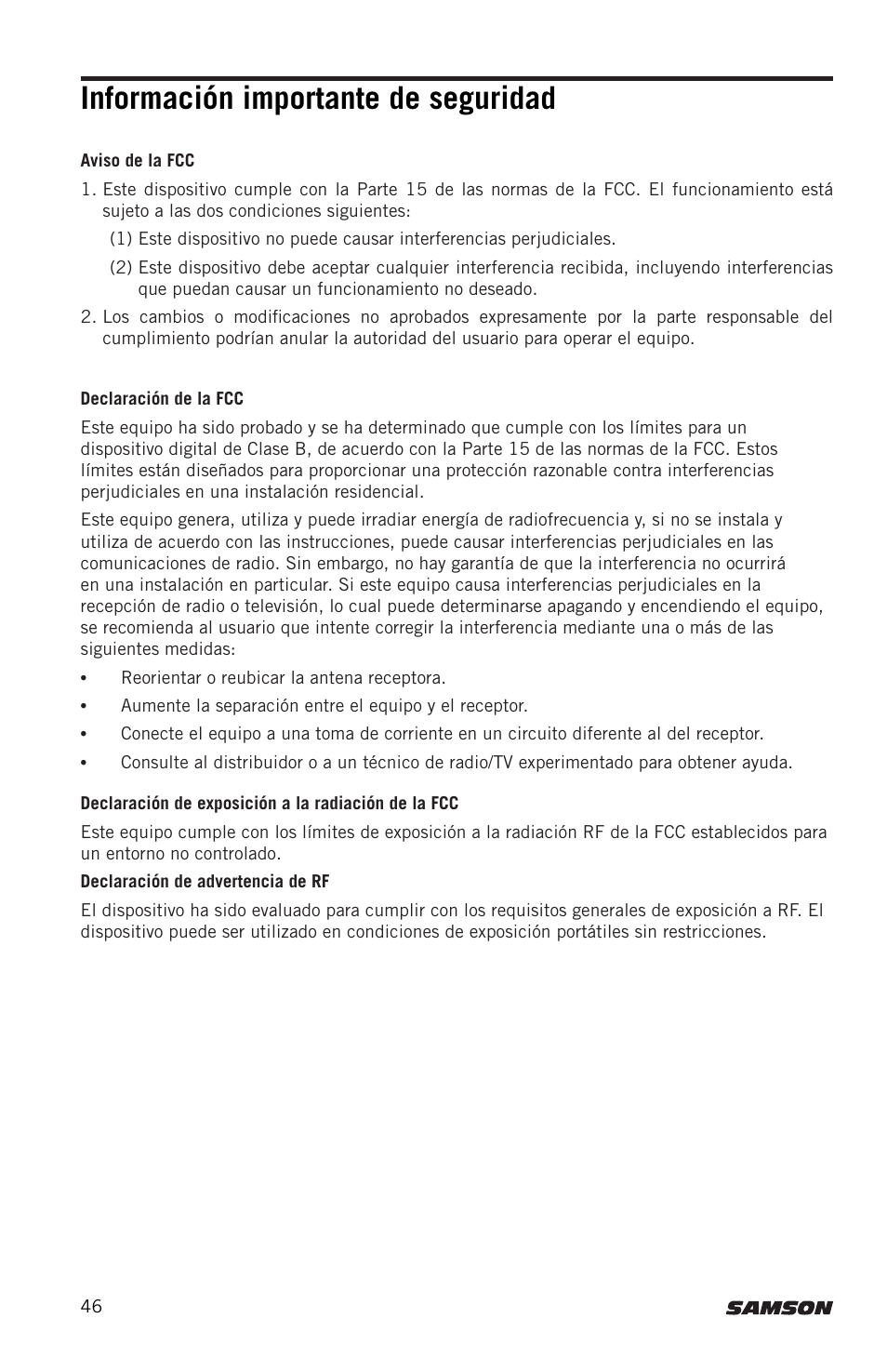 Información importante de seguridad | Samson Expedition XP300 6" 2-Way 300W All-in-One Portable Bluetooth-Enabled Stereo PA System User Manual | Page 46 / 72