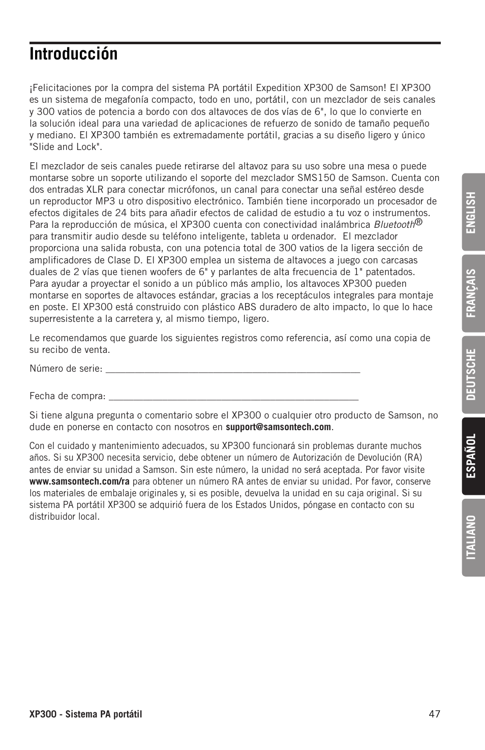 Introducción | Samson Expedition XP300 6" 2-Way 300W All-in-One Portable Bluetooth-Enabled Stereo PA System User Manual | Page 47 / 72