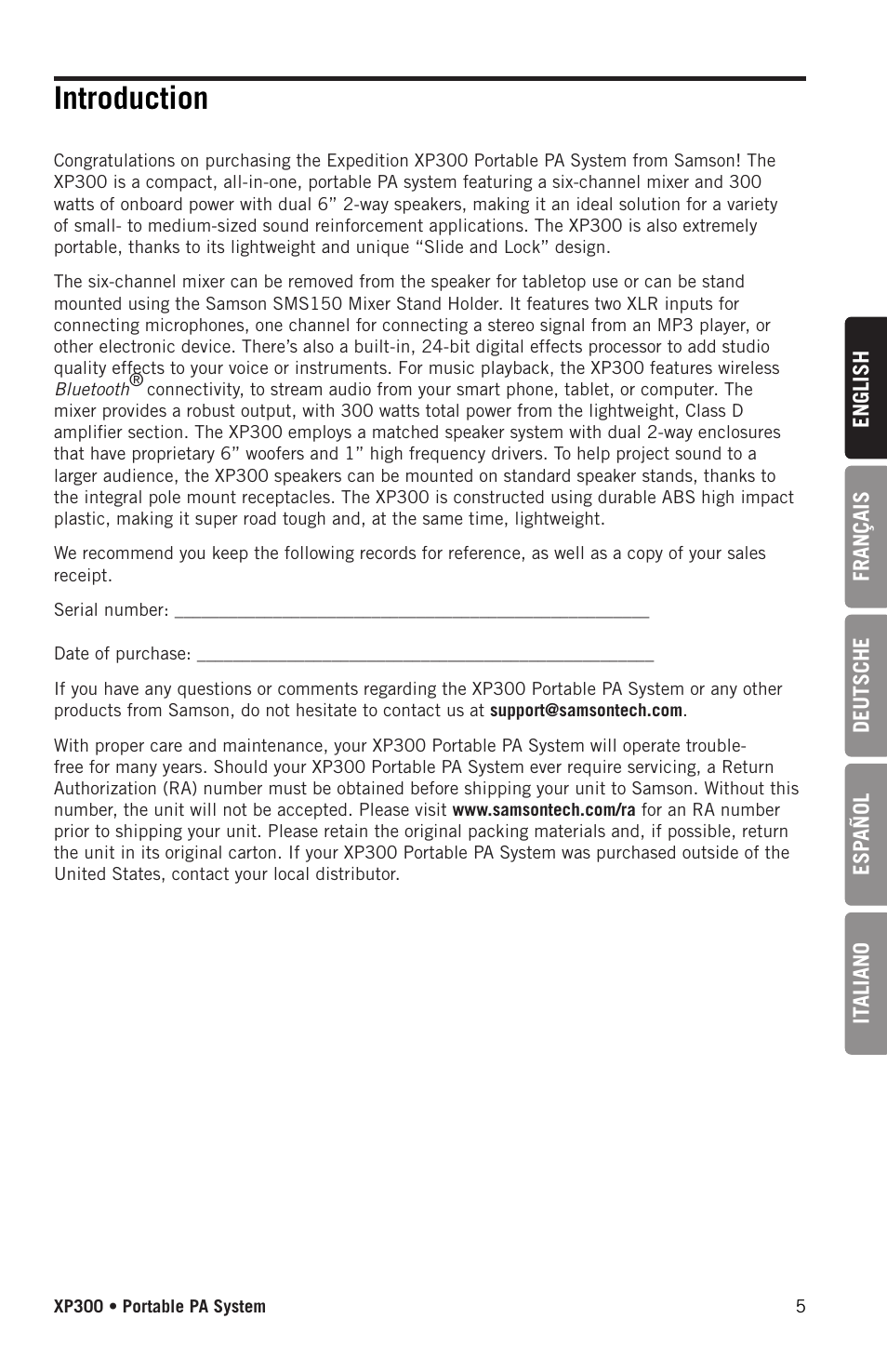 Introduction | Samson Expedition XP300 6" 2-Way 300W All-in-One Portable Bluetooth-Enabled Stereo PA System User Manual | Page 5 / 72