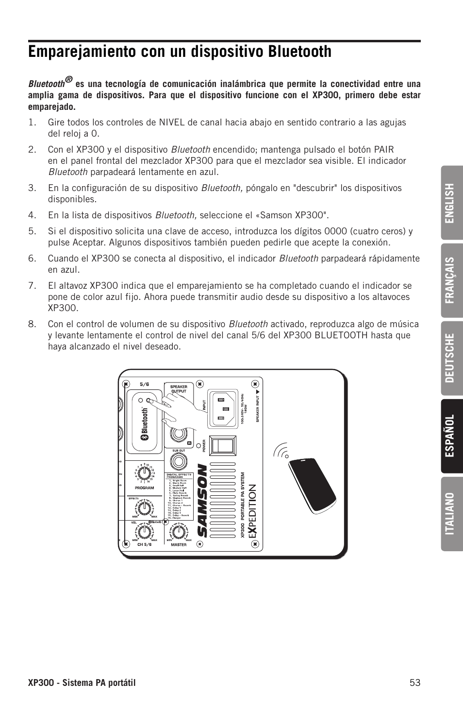 Emparejamiento con un dispositivo bluetooth | Samson Expedition XP300 6" 2-Way 300W All-in-One Portable Bluetooth-Enabled Stereo PA System User Manual | Page 53 / 72