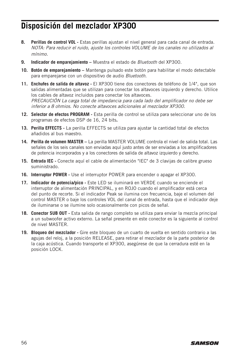 Disposición del mezclador xp300 | Samson Expedition XP300 6" 2-Way 300W All-in-One Portable Bluetooth-Enabled Stereo PA System User Manual | Page 56 / 72