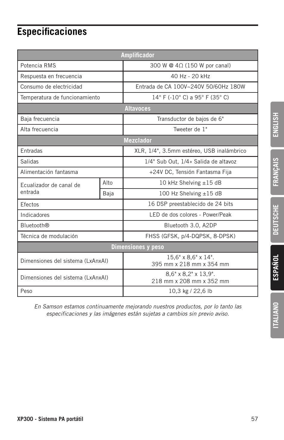 Especificaciones | Samson Expedition XP300 6" 2-Way 300W All-in-One Portable Bluetooth-Enabled Stereo PA System User Manual | Page 57 / 72