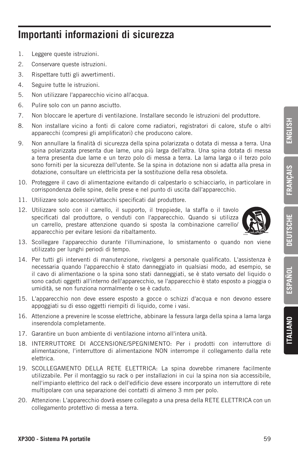 Importanti informazioni di sicurezza | Samson Expedition XP300 6" 2-Way 300W All-in-One Portable Bluetooth-Enabled Stereo PA System User Manual | Page 59 / 72