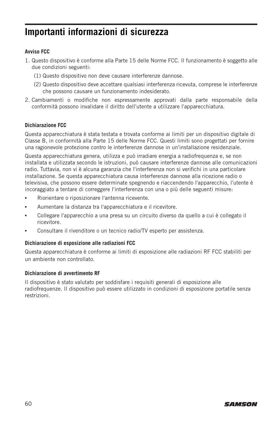 Importanti informazioni di sicurezza | Samson Expedition XP300 6" 2-Way 300W All-in-One Portable Bluetooth-Enabled Stereo PA System User Manual | Page 60 / 72