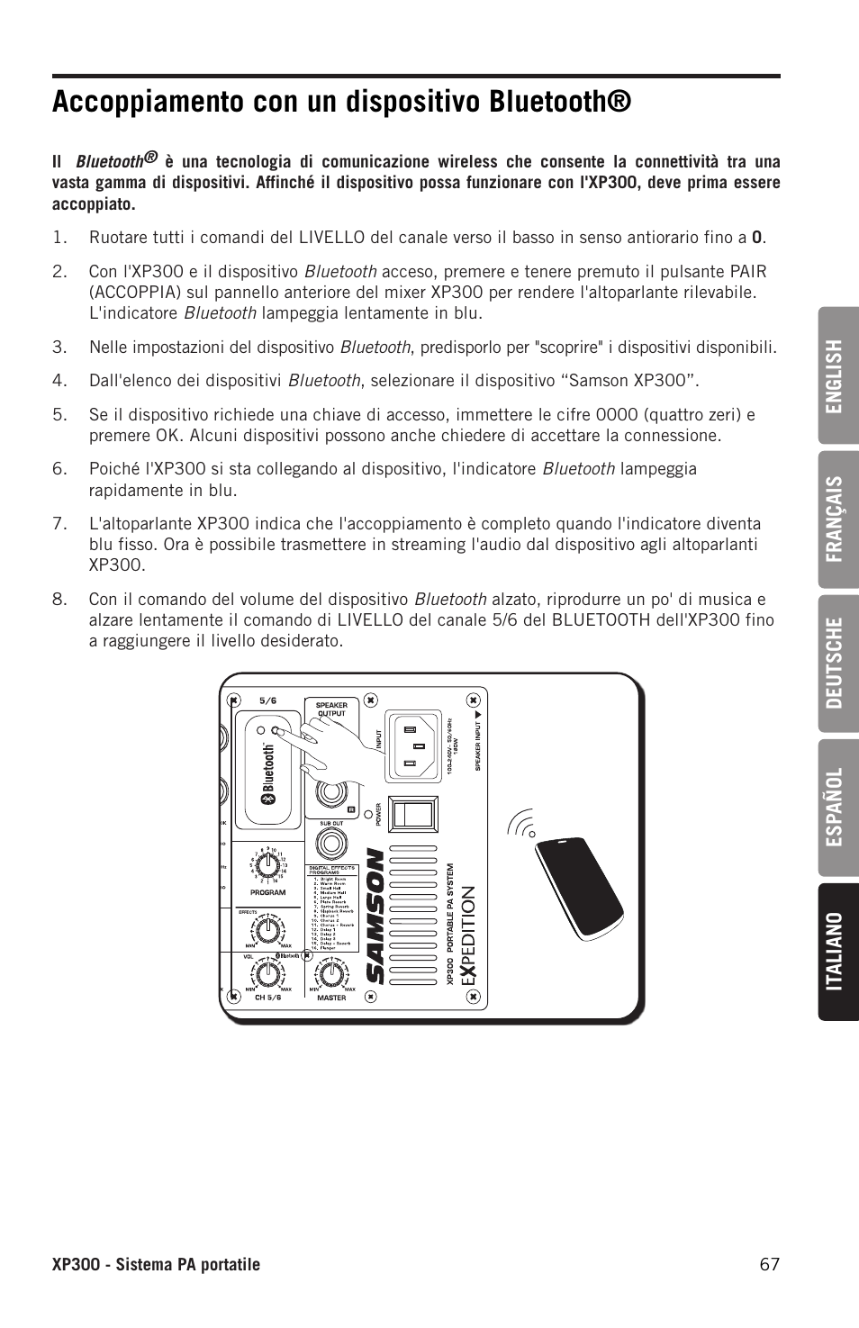 Accoppiamento con un dispositivo bluetooth | Samson Expedition XP300 6" 2-Way 300W All-in-One Portable Bluetooth-Enabled Stereo PA System User Manual | Page 67 / 72