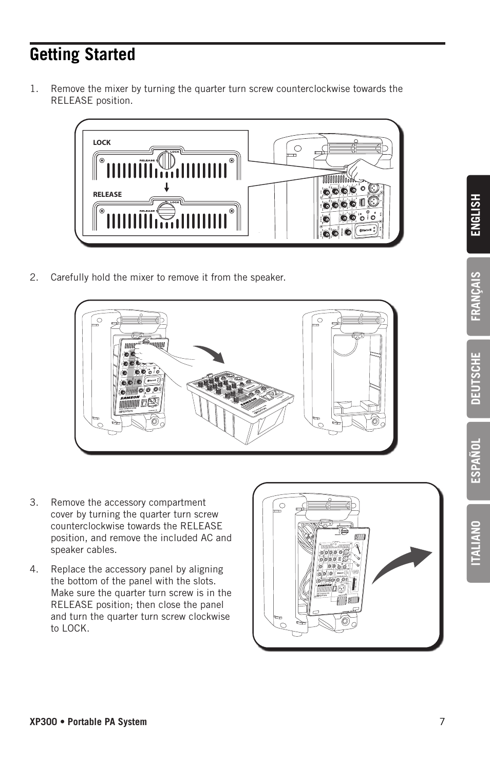 Getting started | Samson Expedition XP300 6" 2-Way 300W All-in-One Portable Bluetooth-Enabled Stereo PA System User Manual | Page 7 / 72