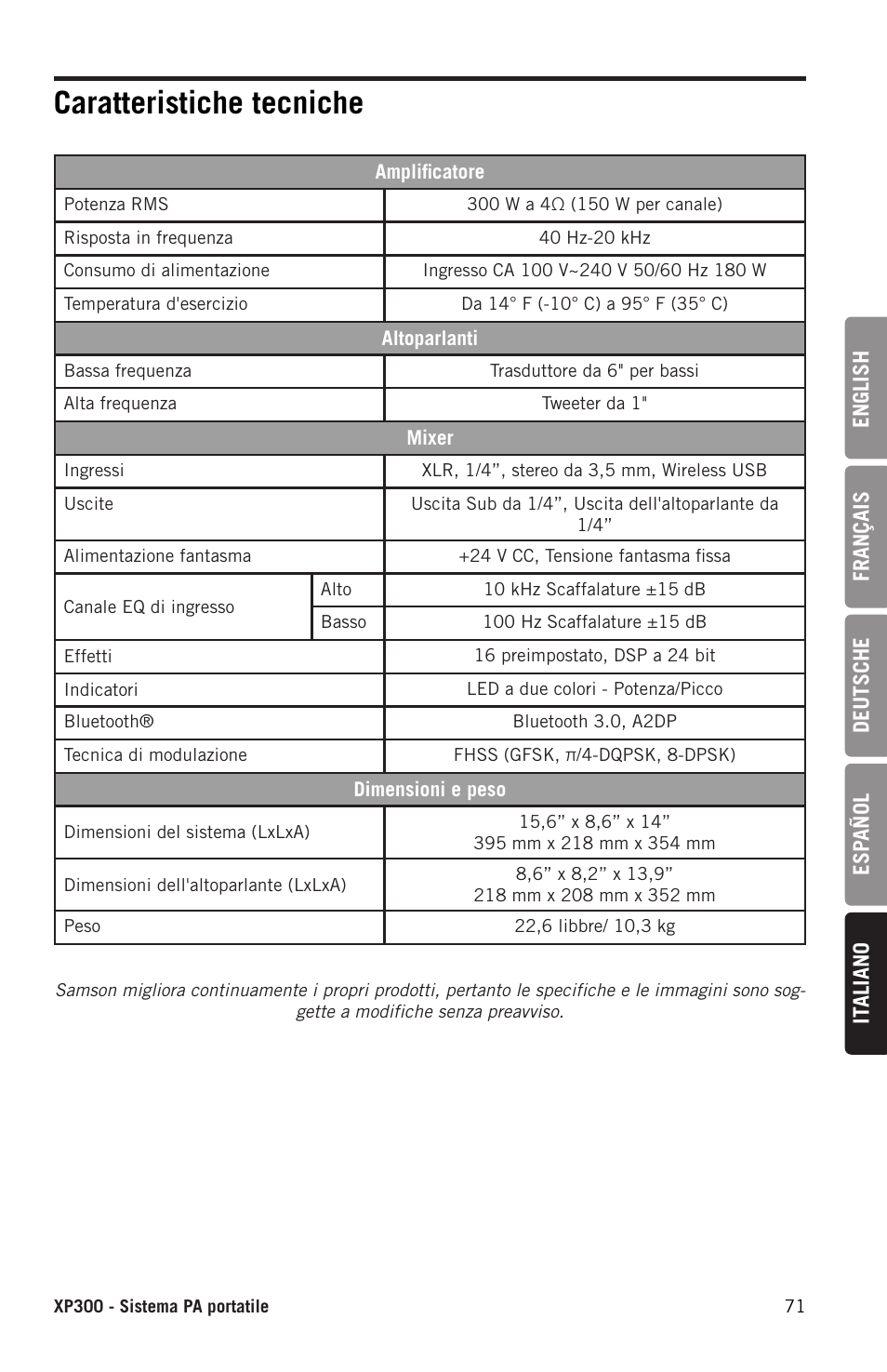 Caratteristiche tecniche | Samson Expedition XP300 6" 2-Way 300W All-in-One Portable Bluetooth-Enabled Stereo PA System User Manual | Page 71 / 72