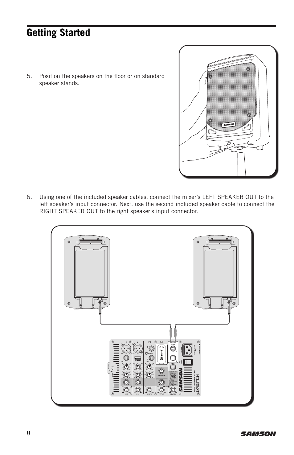 Getting started | Samson Expedition XP300 6" 2-Way 300W All-in-One Portable Bluetooth-Enabled Stereo PA System User Manual | Page 8 / 72