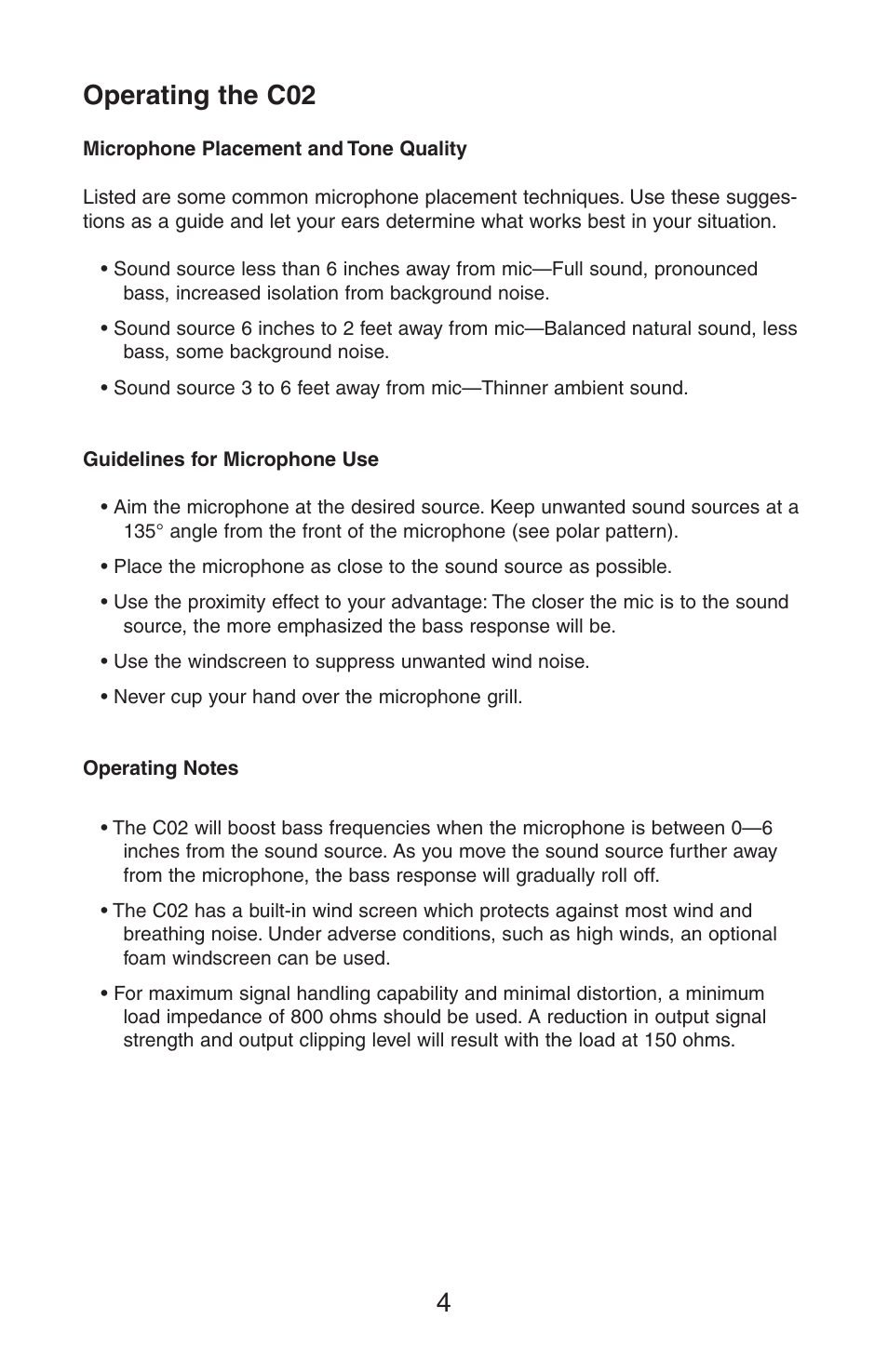 Operating the c02 4 | Samson C02 Pencil Condenser Microphones (Pair) User Manual | Page 4 / 8