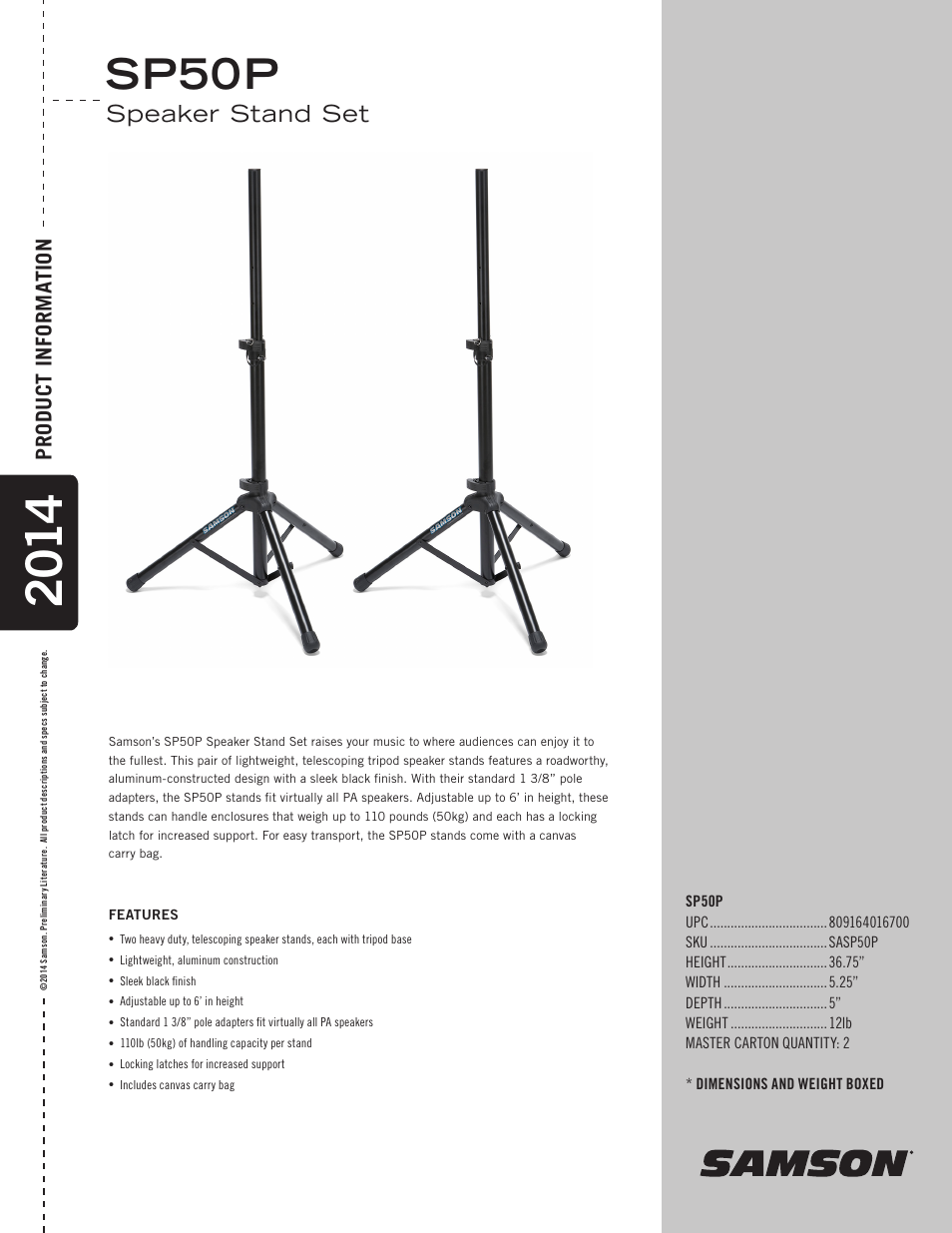 Samson SP50P Speaker Stand Set User Manual | 1 page