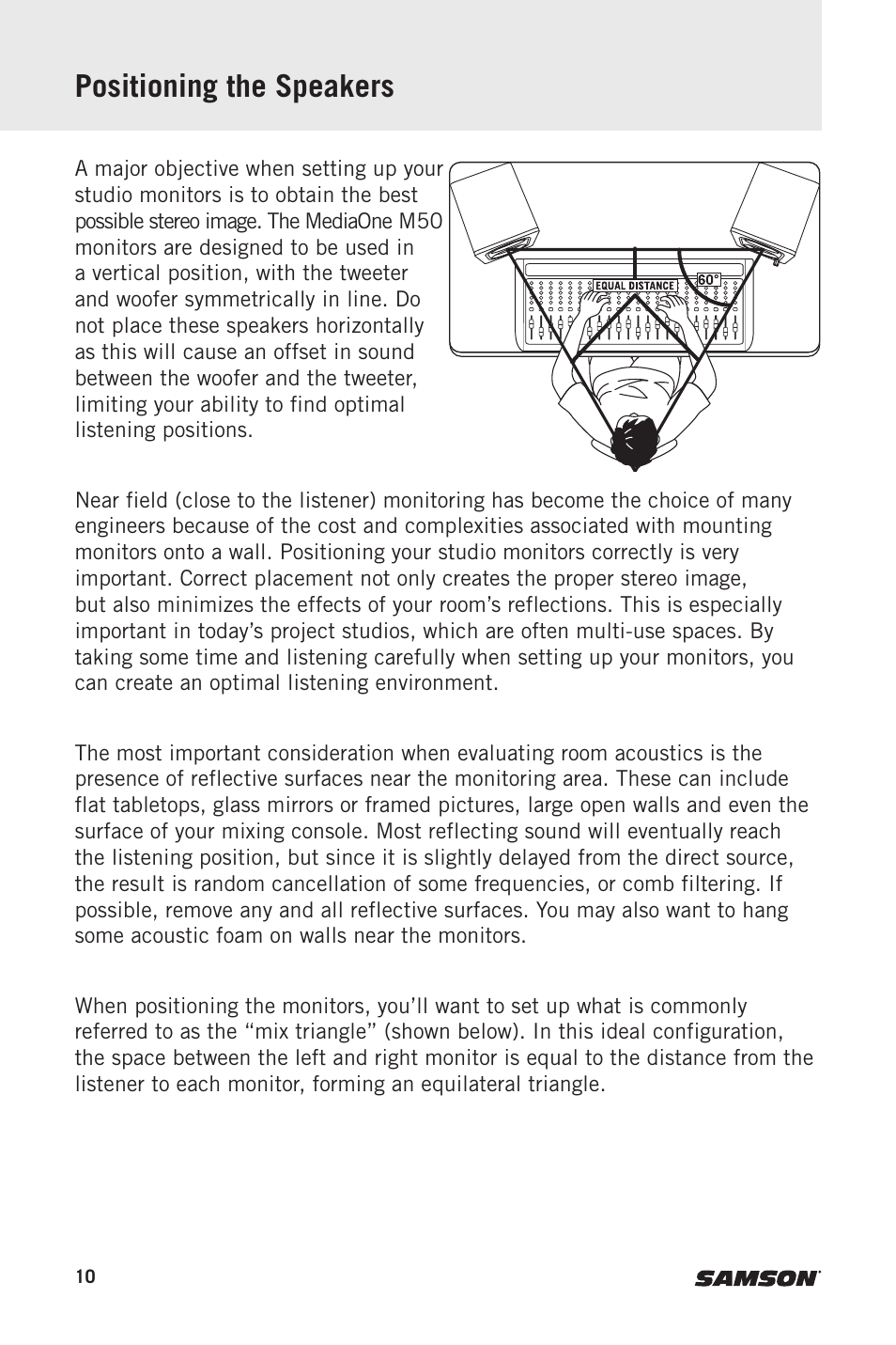 Positioning the speakers | Samson MediaOne M50 Powered Studio Monitors (Pair) User Manual | Page 10 / 52