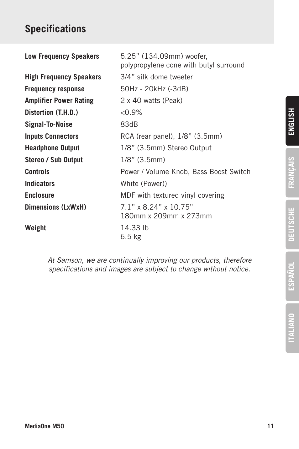 Specifications | Samson MediaOne M50 Powered Studio Monitors (Pair) User Manual | Page 11 / 52