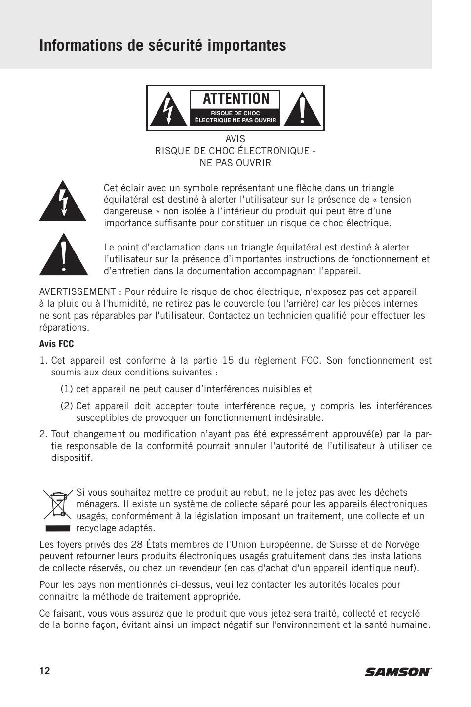 Informations de sécurité importantes, Attention | Samson MediaOne M50 Powered Studio Monitors (Pair) User Manual | Page 12 / 52