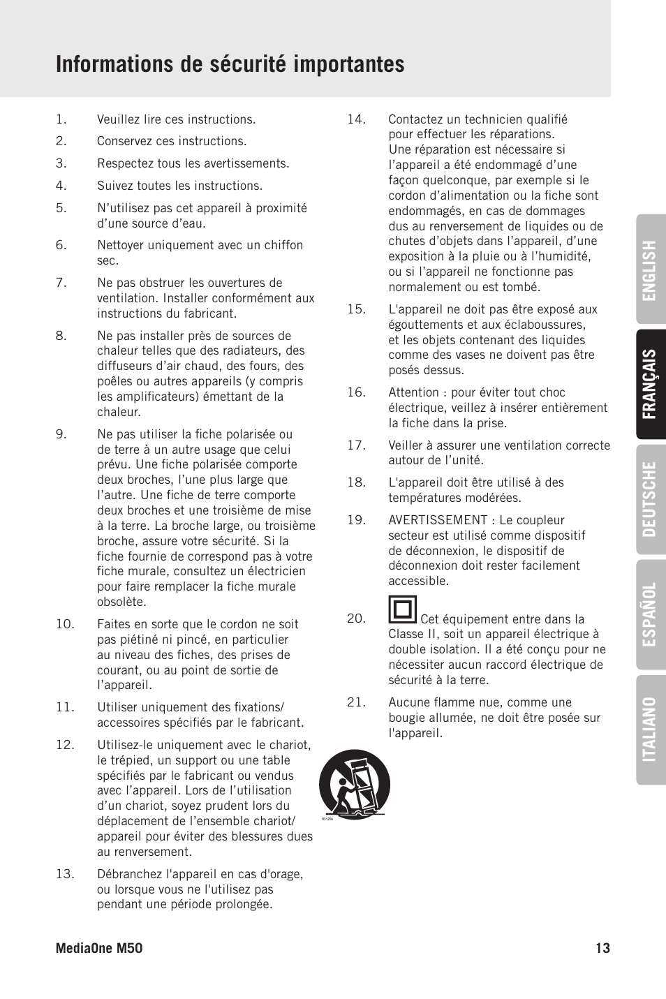 Informations de sécurité importantes, English français deutsche esp añol it aliano | Samson MediaOne M50 Powered Studio Monitors (Pair) User Manual | Page 13 / 52