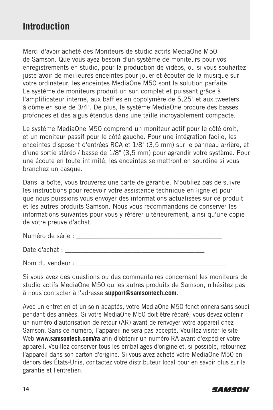 Introduction | Samson MediaOne M50 Powered Studio Monitors (Pair) User Manual | Page 14 / 52