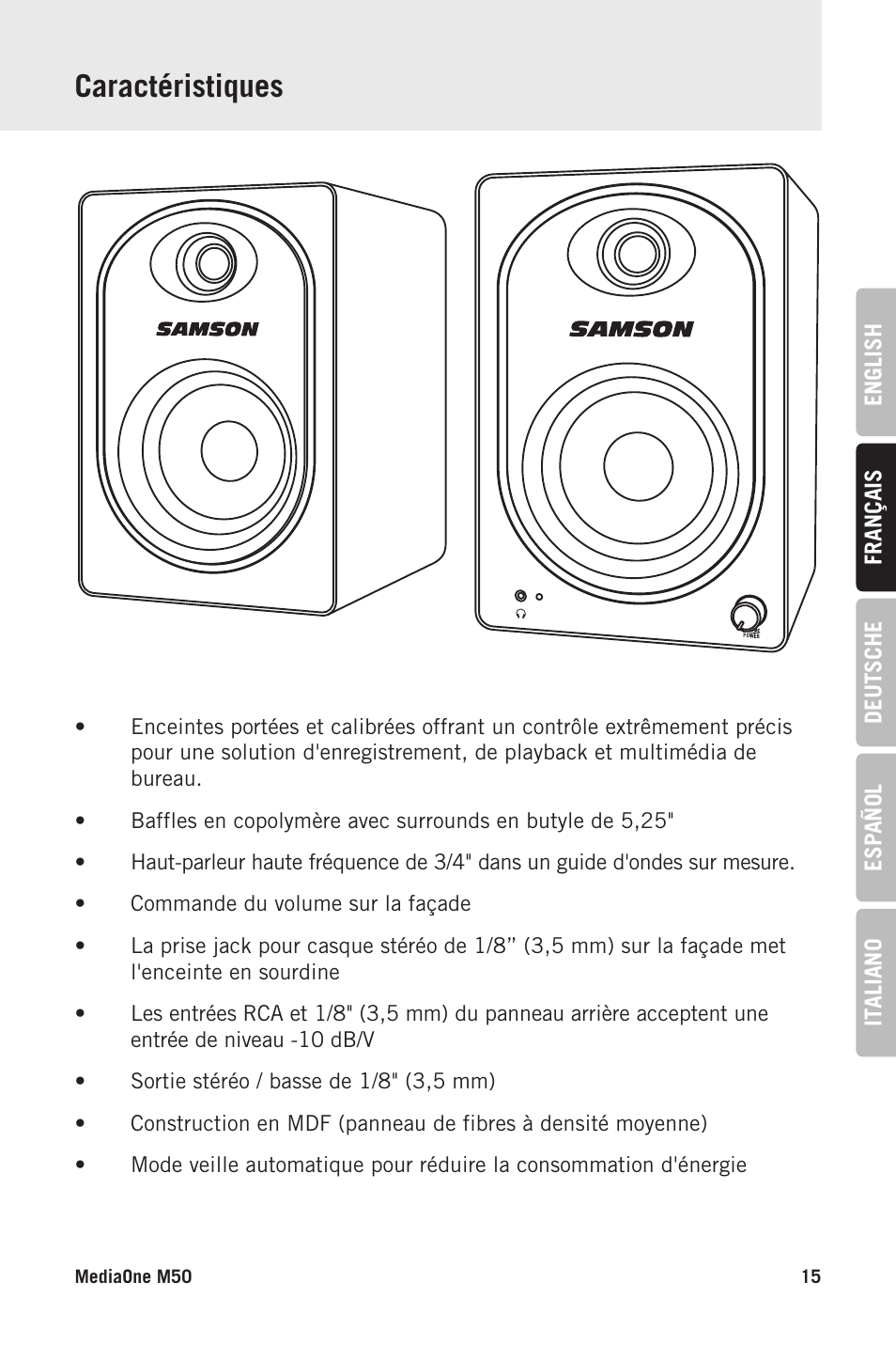 Caractéristiques | Samson MediaOne M50 Powered Studio Monitors (Pair) User Manual | Page 15 / 52