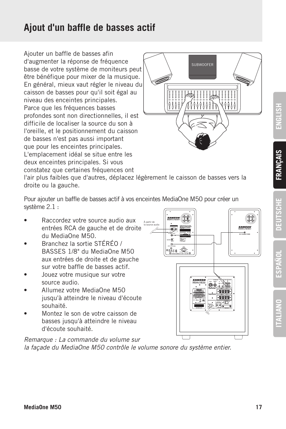 Ajout d'un baffle de basses actif | Samson MediaOne M50 Powered Studio Monitors (Pair) User Manual | Page 17 / 52