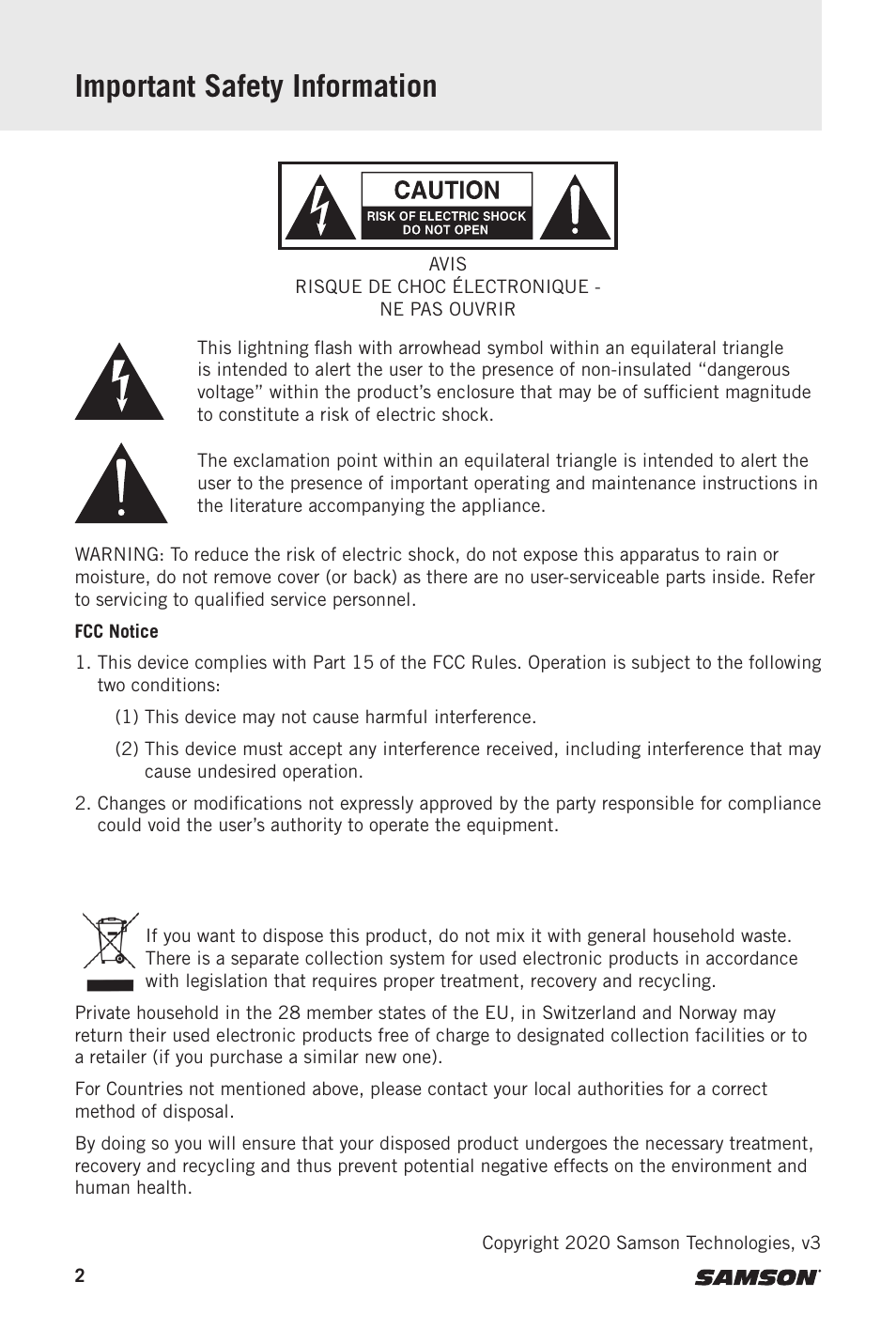 Important safety information | Samson MediaOne M50 Powered Studio Monitors (Pair) User Manual | Page 2 / 52