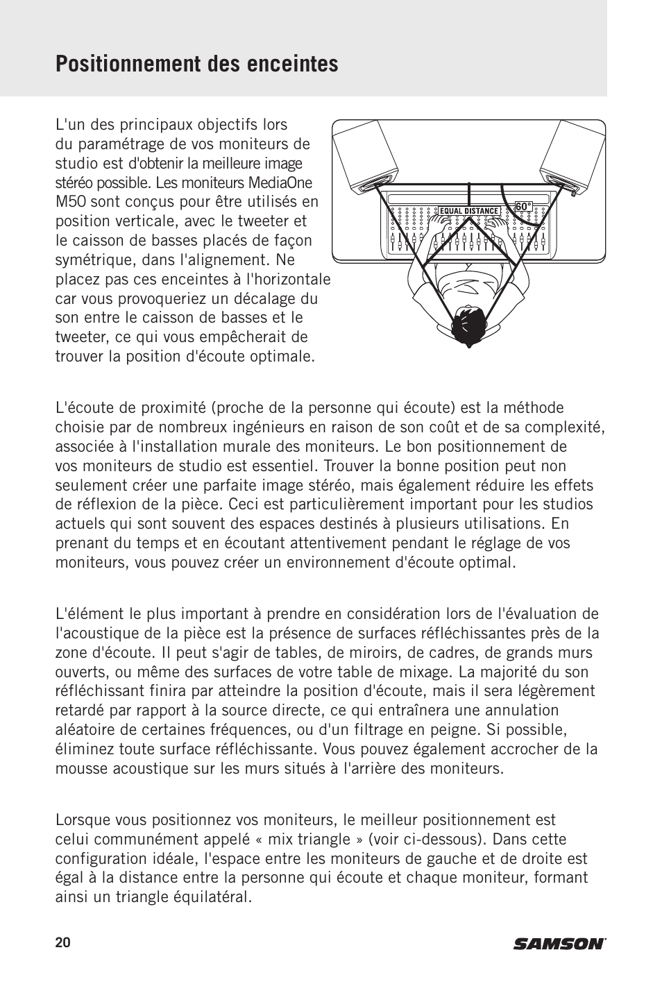 Positionnement des enceintes | Samson MediaOne M50 Powered Studio Monitors (Pair) User Manual | Page 20 / 52