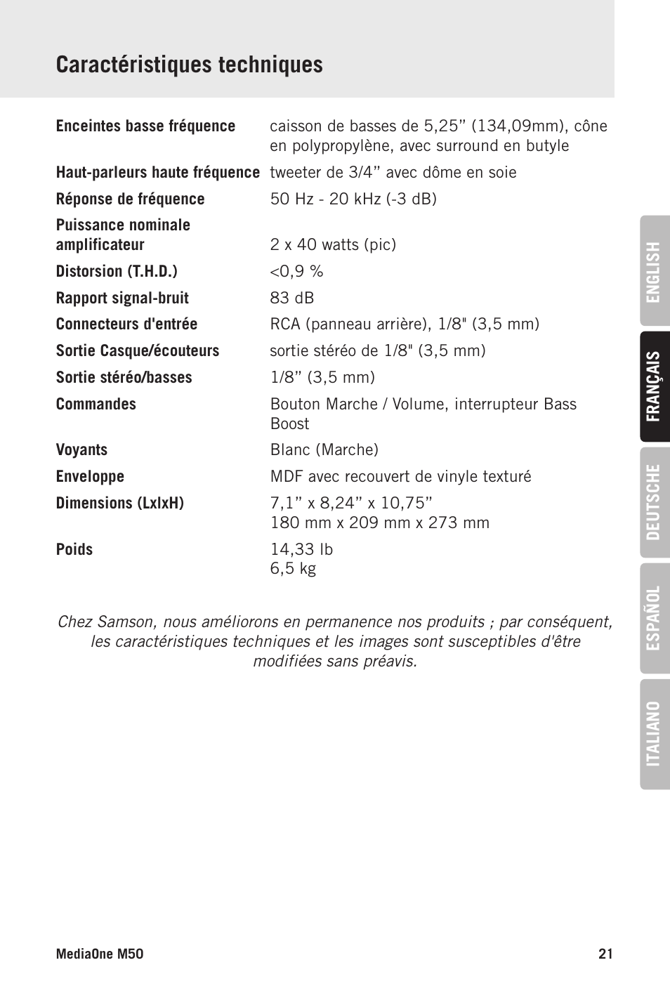 Caractéristiques techniques | Samson MediaOne M50 Powered Studio Monitors (Pair) User Manual | Page 21 / 52