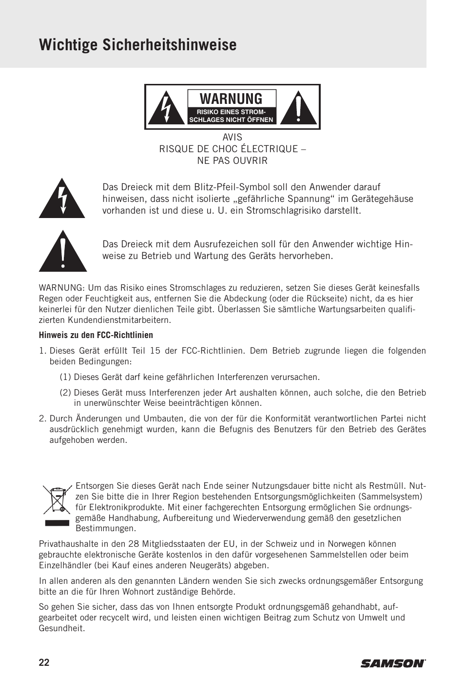 Wichtige sicherheitshinweise, Warnung | Samson MediaOne M50 Powered Studio Monitors (Pair) User Manual | Page 22 / 52