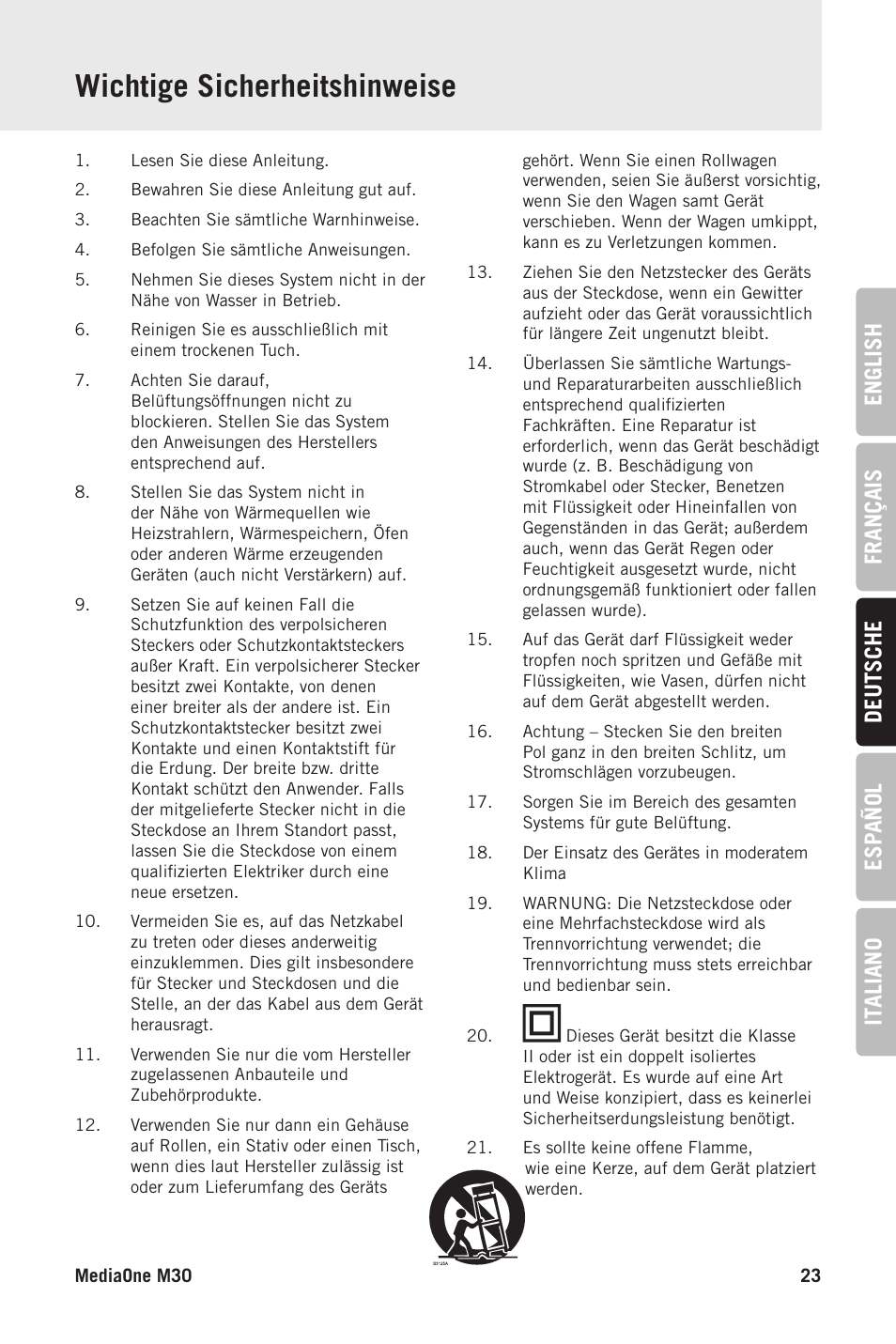 Wichtige sicherheitshinweise, English français deutsche esp añol it aliano | Samson MediaOne M50 Powered Studio Monitors (Pair) User Manual | Page 23 / 52