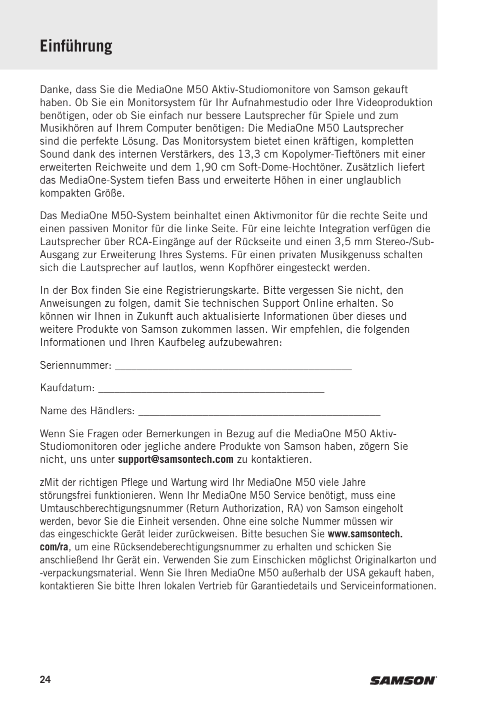 Einführung | Samson MediaOne M50 Powered Studio Monitors (Pair) User Manual | Page 24 / 52