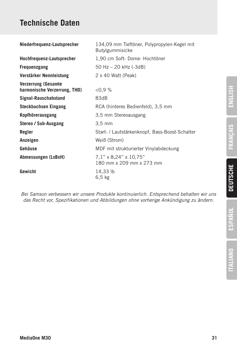 Technische daten | Samson MediaOne M50 Powered Studio Monitors (Pair) User Manual | Page 31 / 52