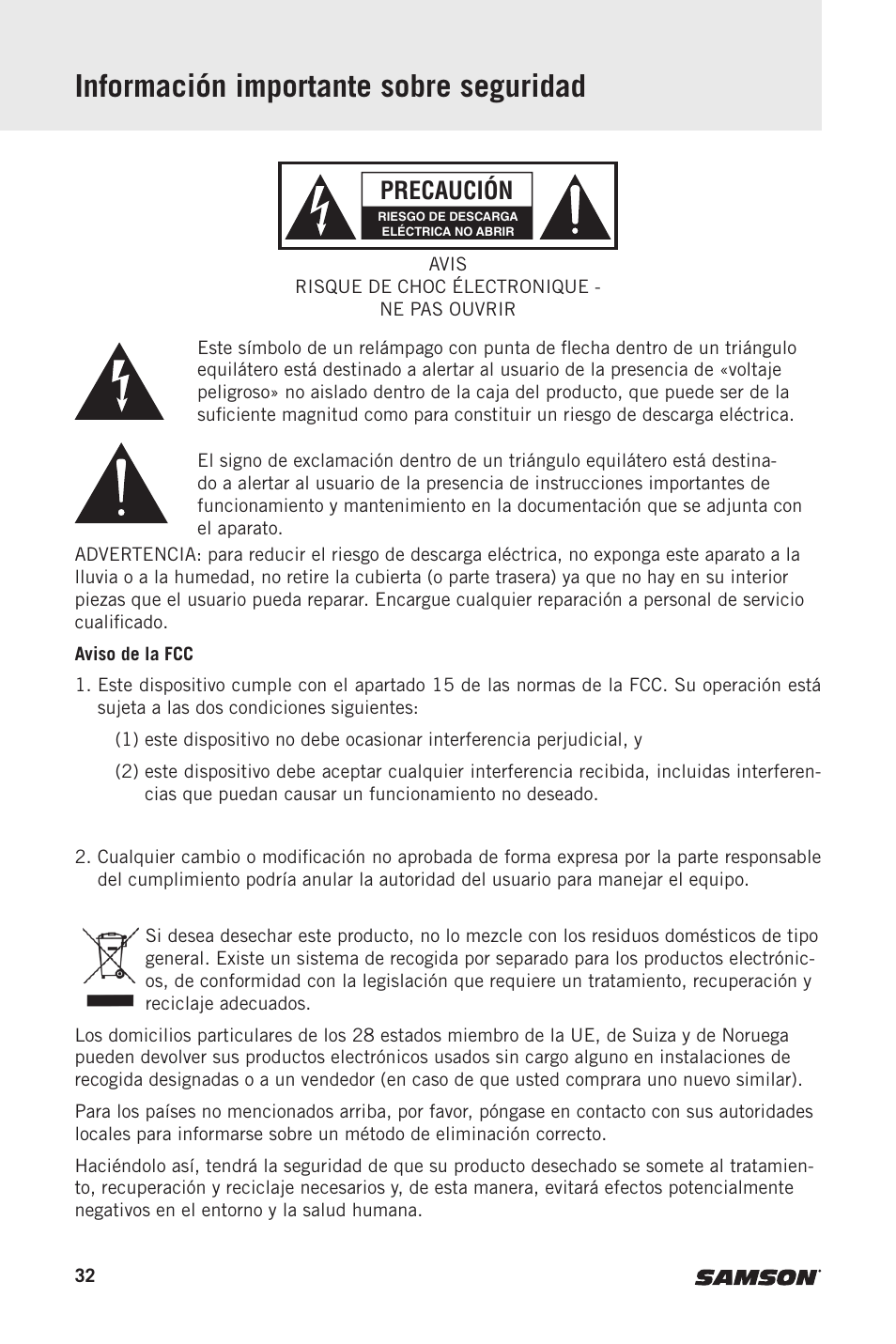 Información importante sobre seguridad, Precaución | Samson MediaOne M50 Powered Studio Monitors (Pair) User Manual | Page 32 / 52