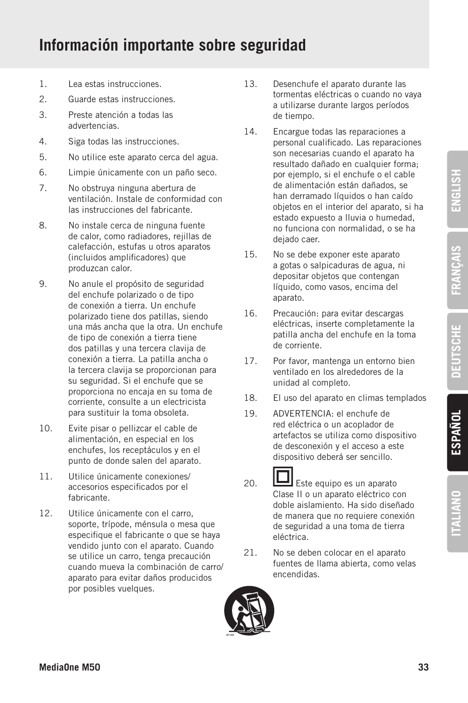 Información importante sobre seguridad, English français deutsche esp añol it aliano | Samson MediaOne M50 Powered Studio Monitors (Pair) User Manual | Page 33 / 52