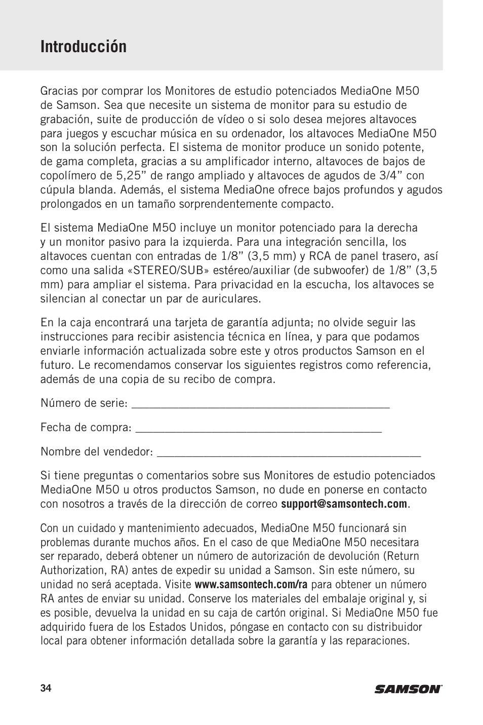 Introducción | Samson MediaOne M50 Powered Studio Monitors (Pair) User Manual | Page 34 / 52