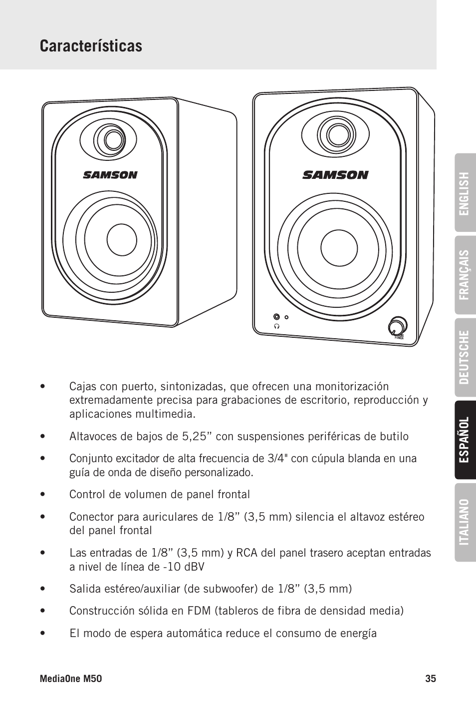 Características | Samson MediaOne M50 Powered Studio Monitors (Pair) User Manual | Page 35 / 52