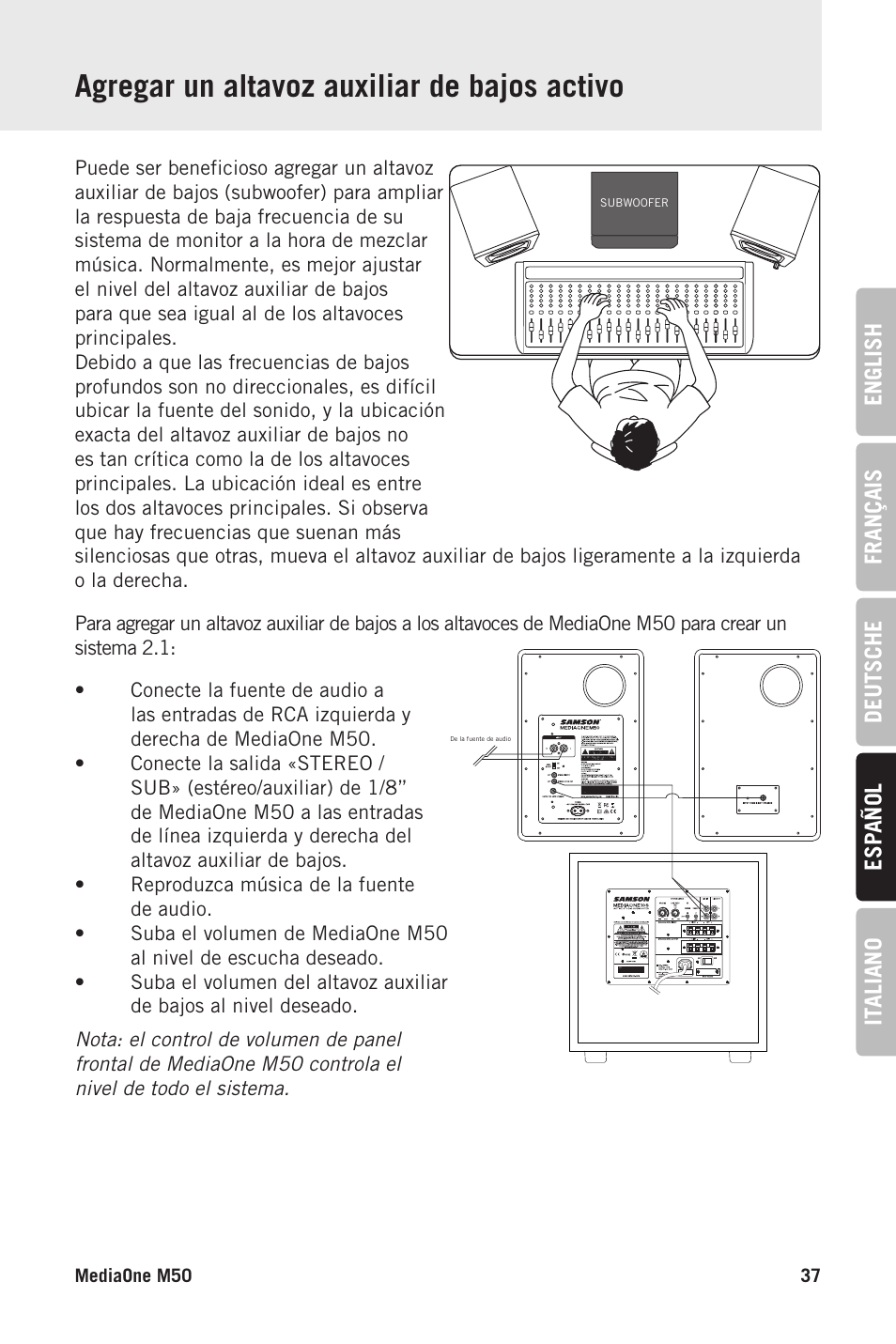 Agregar un altavoz auxiliar de bajos activo | Samson MediaOne M50 Powered Studio Monitors (Pair) User Manual | Page 37 / 52