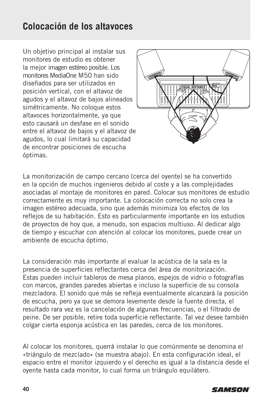 Colocación de los altavoces | Samson MediaOne M50 Powered Studio Monitors (Pair) User Manual | Page 40 / 52