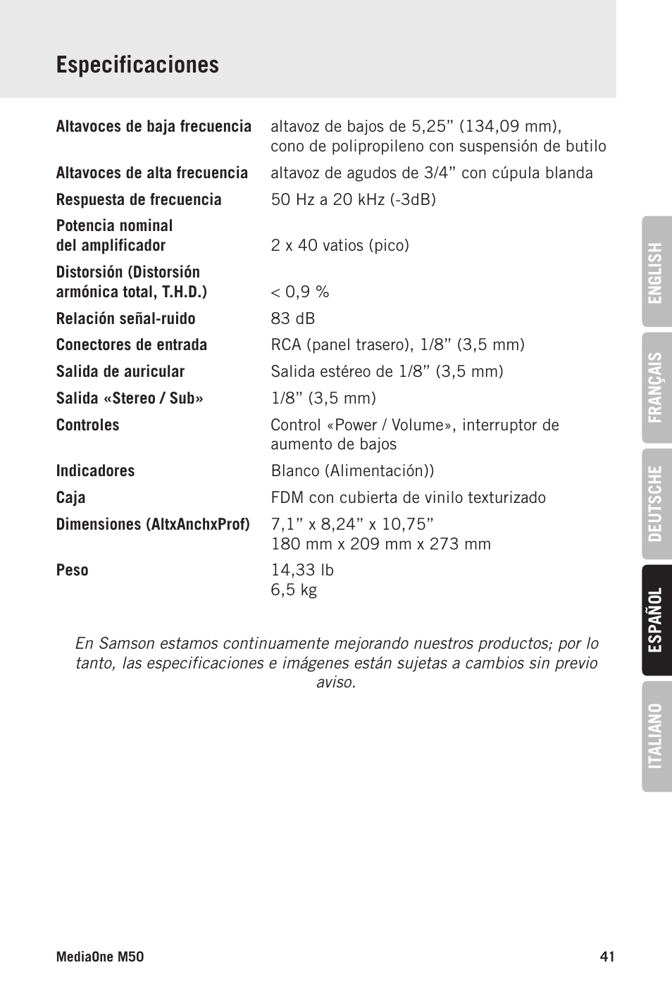 Especificaciones | Samson MediaOne M50 Powered Studio Monitors (Pair) User Manual | Page 41 / 52