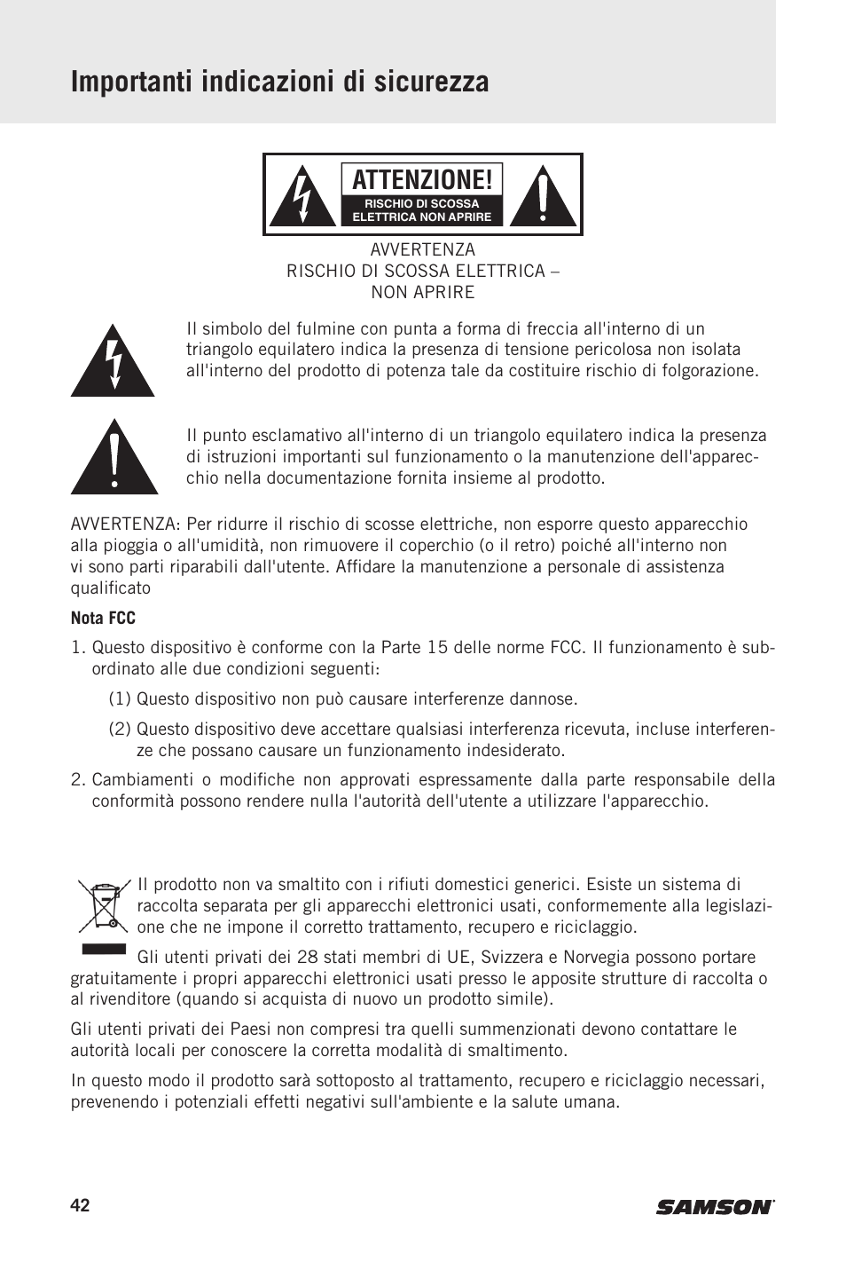 Importanti indicazioni di sicurezza, Attenzione | Samson MediaOne M50 Powered Studio Monitors (Pair) User Manual | Page 42 / 52