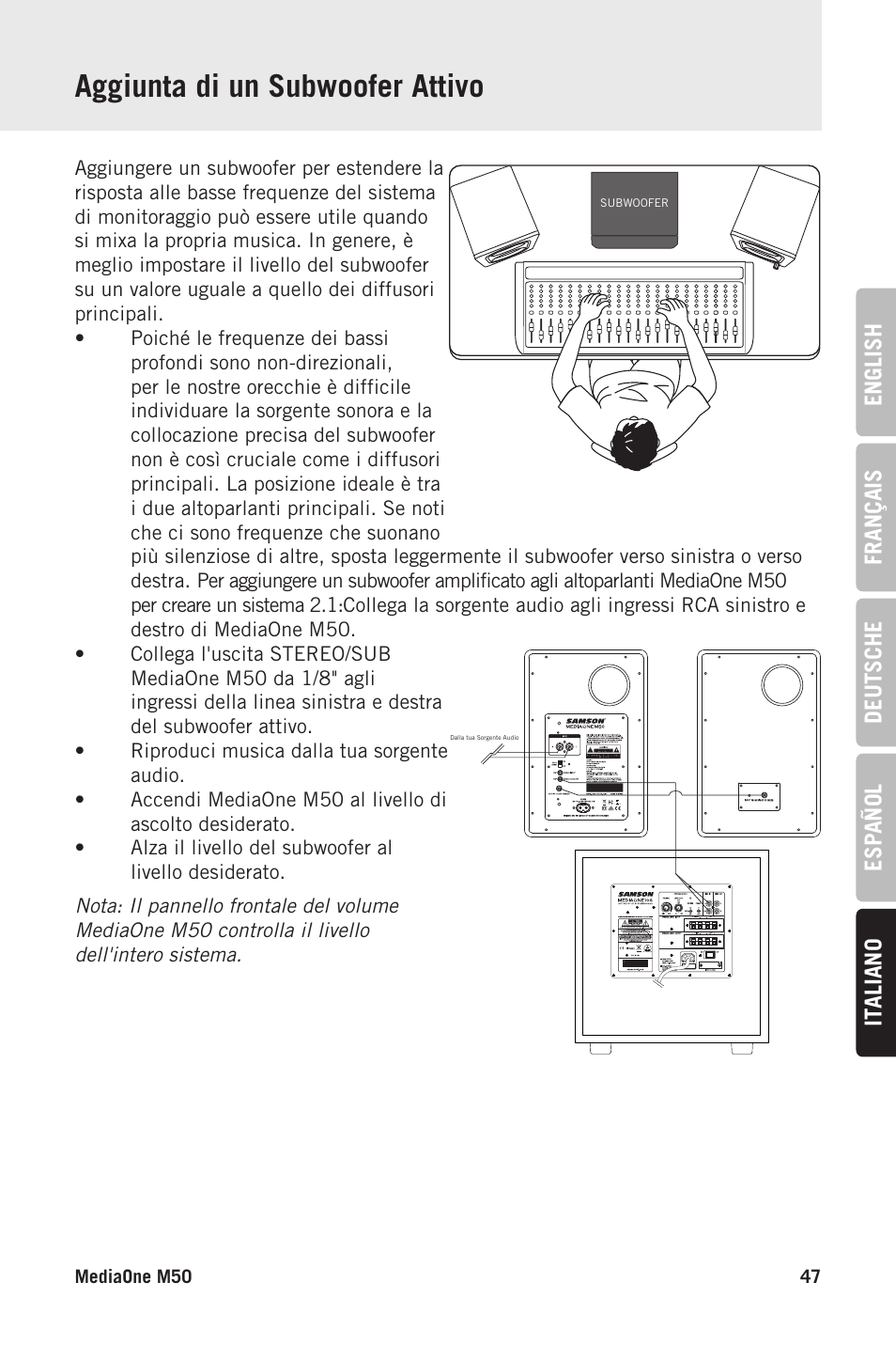 Aggiunta di un subwoofer attivo | Samson MediaOne M50 Powered Studio Monitors (Pair) User Manual | Page 47 / 52