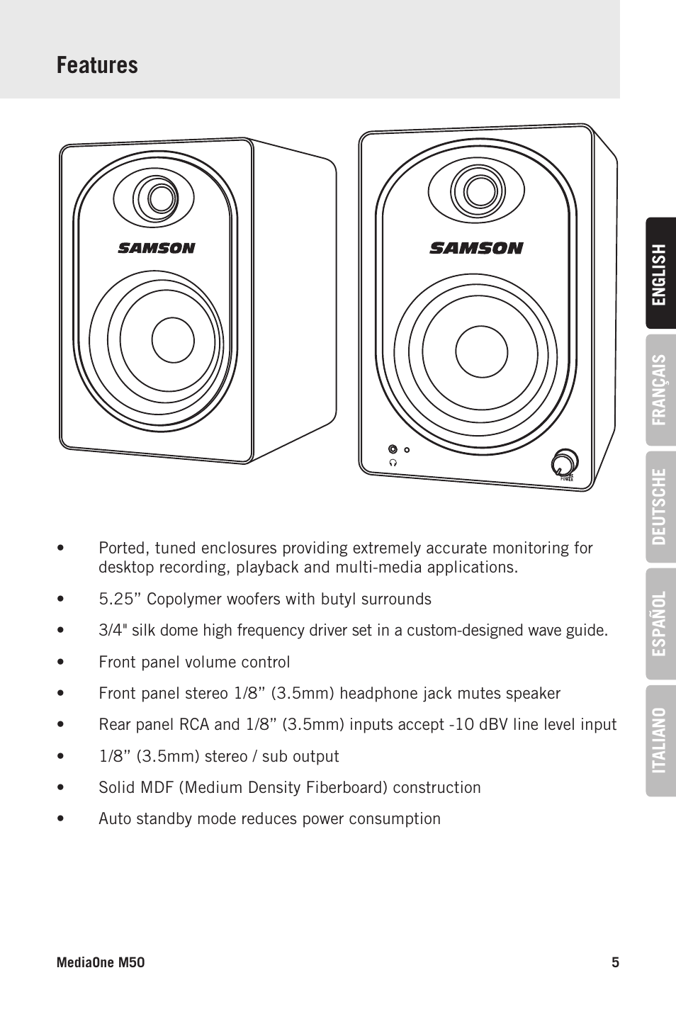 Features | Samson MediaOne M50 Powered Studio Monitors (Pair) User Manual | Page 5 / 52