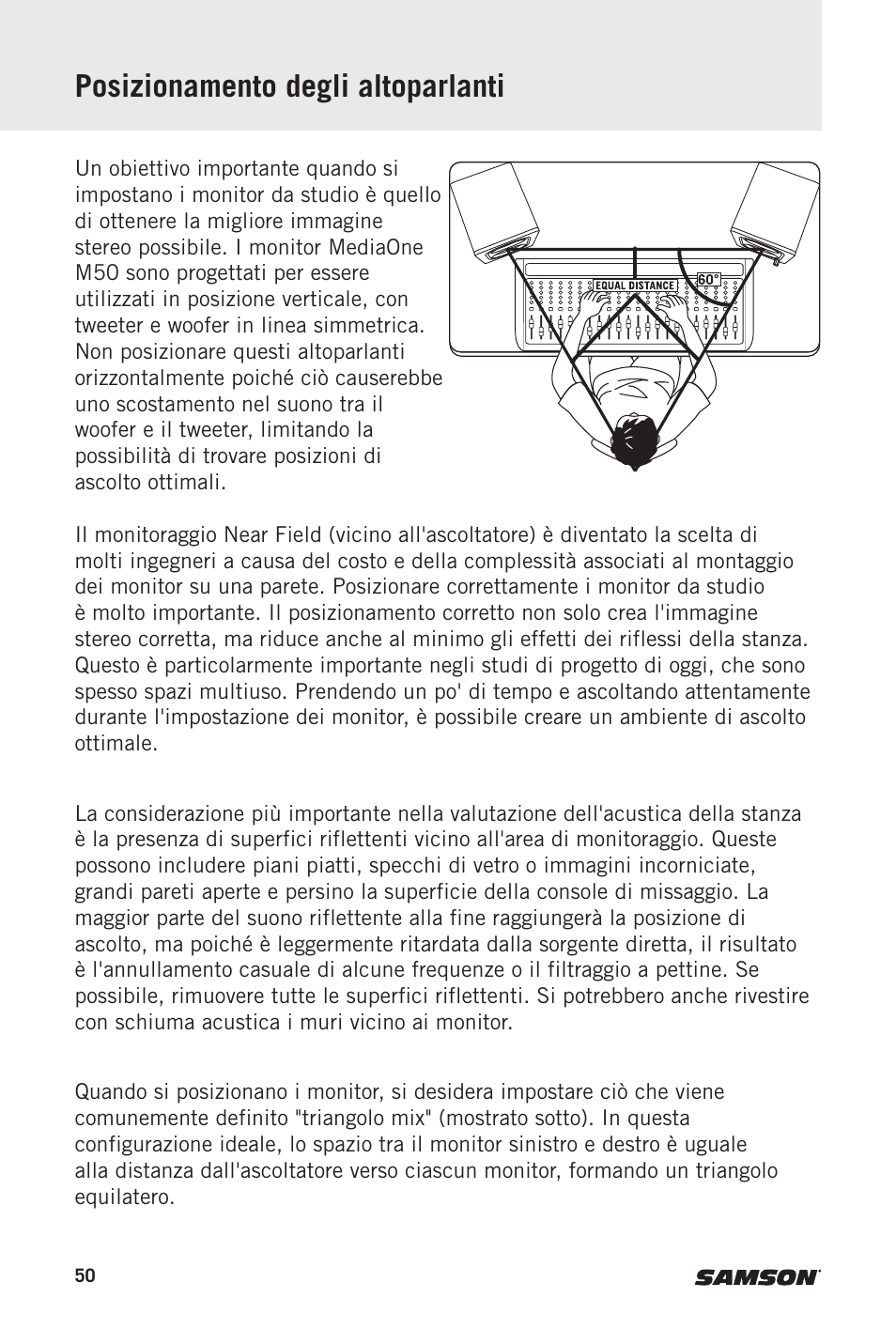 Posizionamento degli altoparlanti | Samson MediaOne M50 Powered Studio Monitors (Pair) User Manual | Page 50 / 52