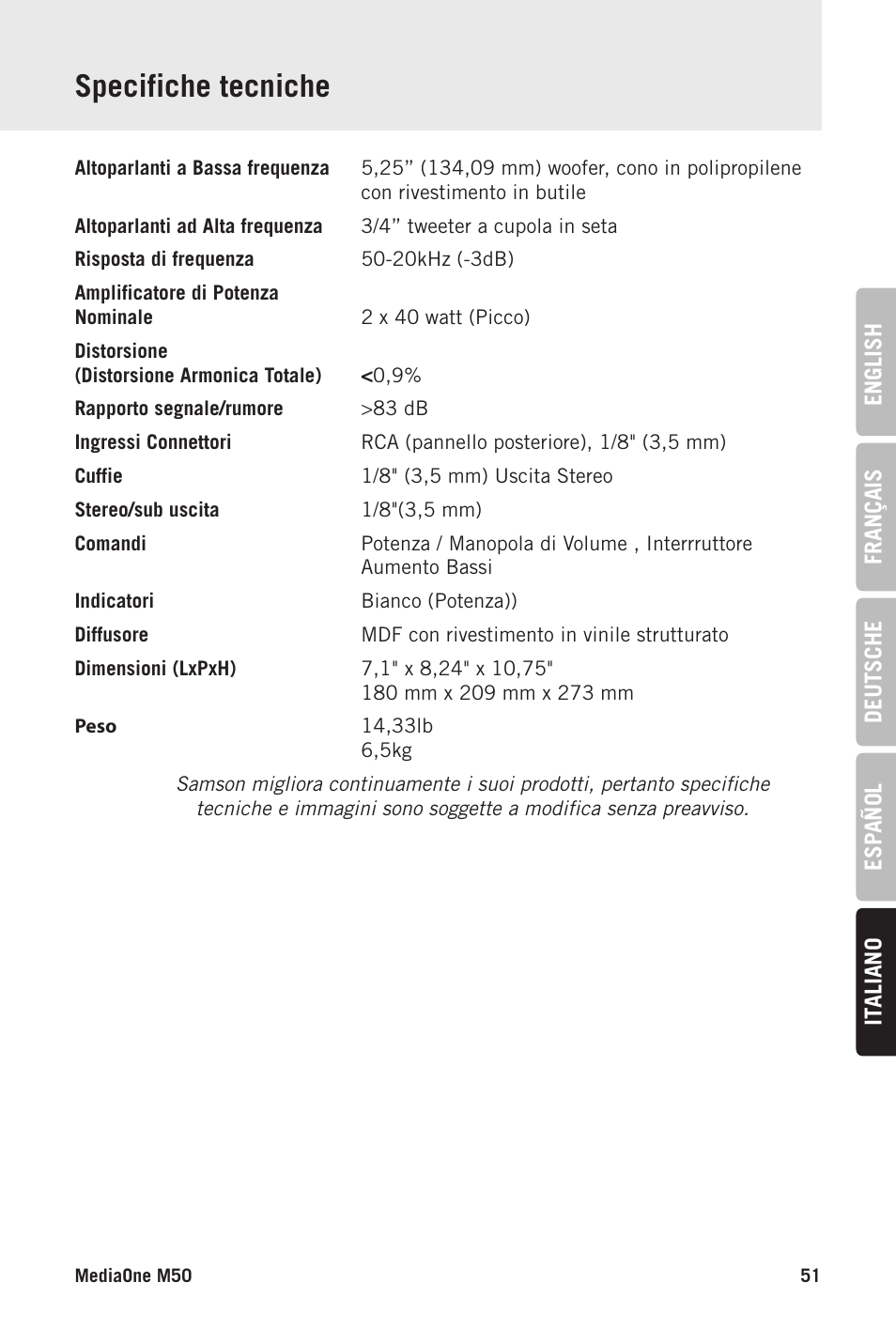 Specifiche tecniche | Samson MediaOne M50 Powered Studio Monitors (Pair) User Manual | Page 51 / 52