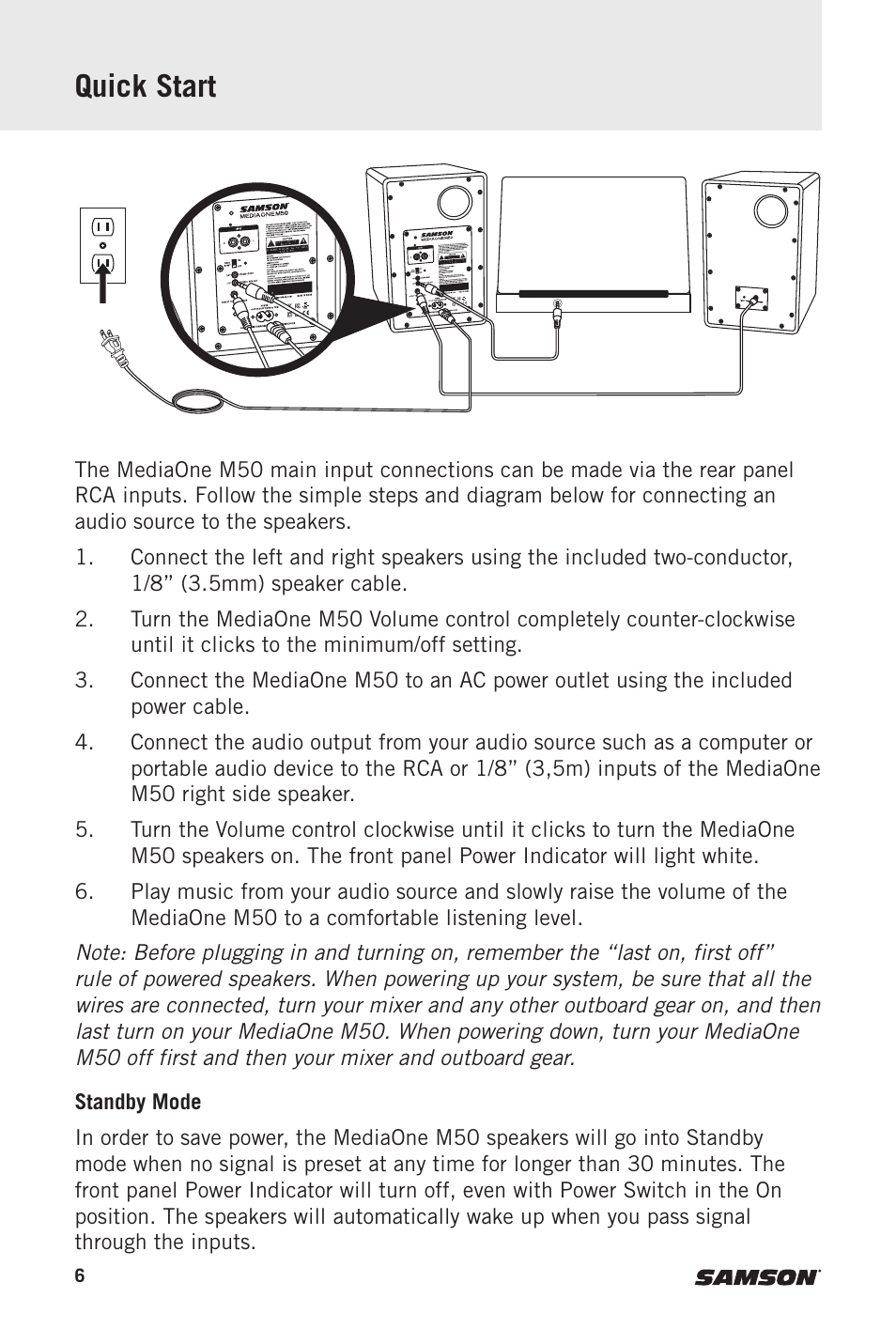 Quick start | Samson MediaOne M50 Powered Studio Monitors (Pair) User Manual | Page 6 / 52