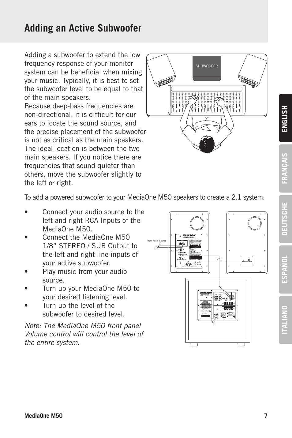 Adding an active subwoofer | Samson MediaOne M50 Powered Studio Monitors (Pair) User Manual | Page 7 / 52