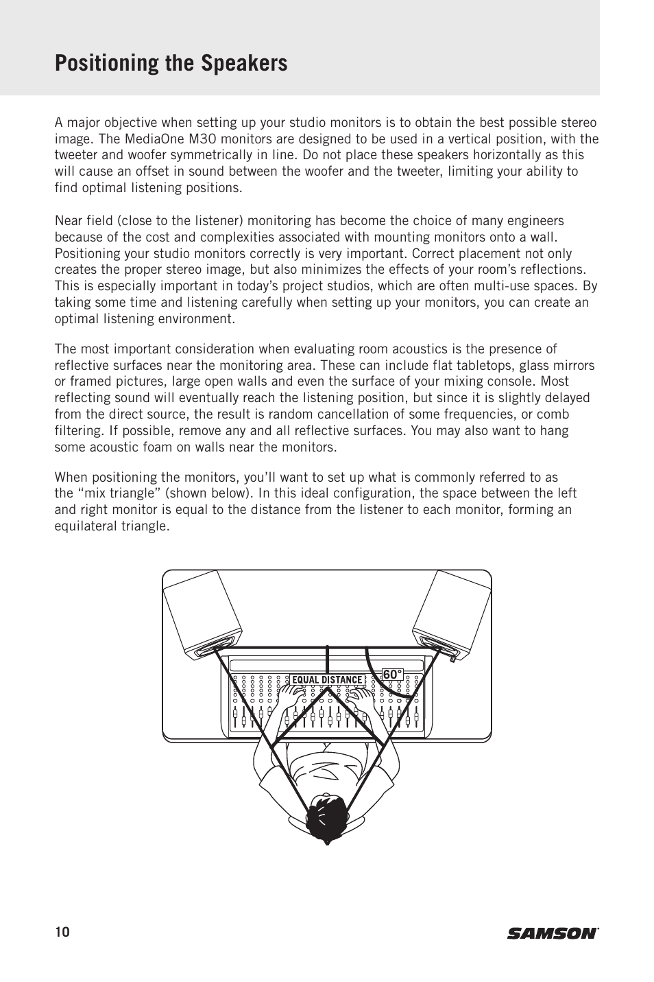 Positioning the speakers | Samson MediaOne M30 Powered Studio Monitors (Pair) User Manual | Page 10 / 11