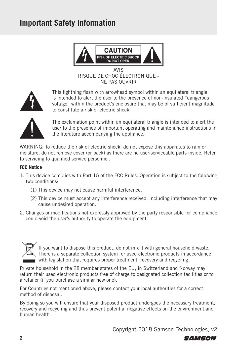 Important safety information | Samson MediaOne M30 Powered Studio Monitors (Pair) User Manual | Page 2 / 11