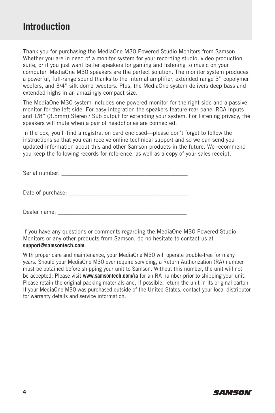 Introduction | Samson MediaOne M30 Powered Studio Monitors (Pair) User Manual | Page 4 / 11