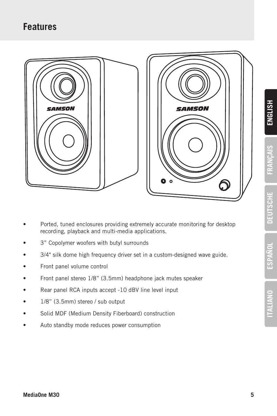 Features | Samson MediaOne M30 Powered Studio Monitors (Pair) User Manual | Page 5 / 11